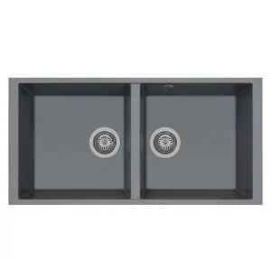 灰色不锈钢现代双水槽。